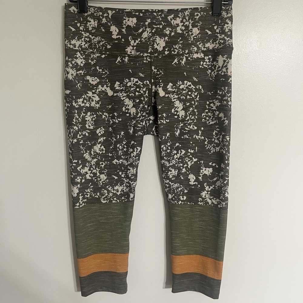 Prana Womens Medium Floral Colorblock‎ Cropped Yoga Leggings Olive Green Stripe